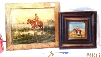 2 cuadritos Oleo motivo oleo montando a caballo 1 firmado M. Vella 1900