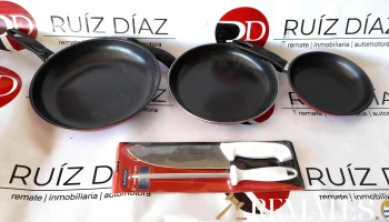 3 sartenes negras y rojas 28, 25 y 19 de diametro y cuchillo con chaira tramontina