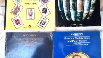 4 libros: Historia de los Naipes, 2 catálogos de numismática y catálogo del Brou de billetes
