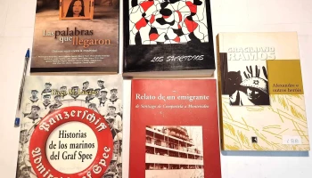 5 libros: Graf Spee, Relato de un emigrante, las palabras que llegaron y otro en Portugues