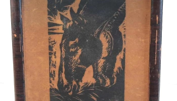 Cuadrito xilografia de Guillermo Rodriguez caballo pastando marco 18,5 cm x 15 cm