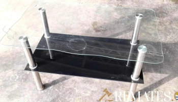 mesa ratona de 2 niveles tapa de cristal y base de caño