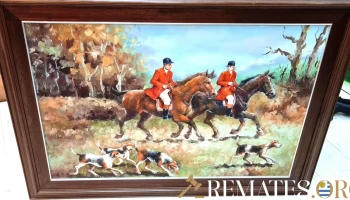 Oleo de gran tamaño sobre tela, La caza del zorro, deporte de la nobleza inglesa