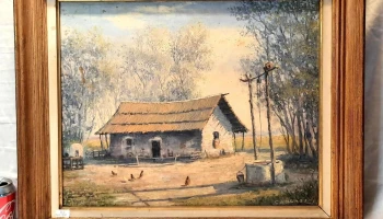 Oleo firmado Sánchez, rancho con gallinero y aljibe 51,5 cm x 62 cm