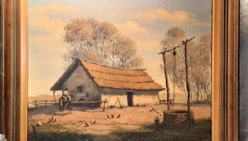 Oleo firmado Sánchez, rancho con hombre a caballo y aljibe 72 cm x 62 cm