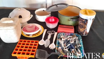 olla esmaltada , cubiertos, conservadora y utiles de cocina