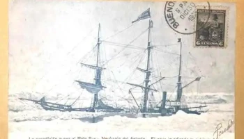 Postal con barco de la expedicion sueca al Polo Sur Naufragio del Antartic