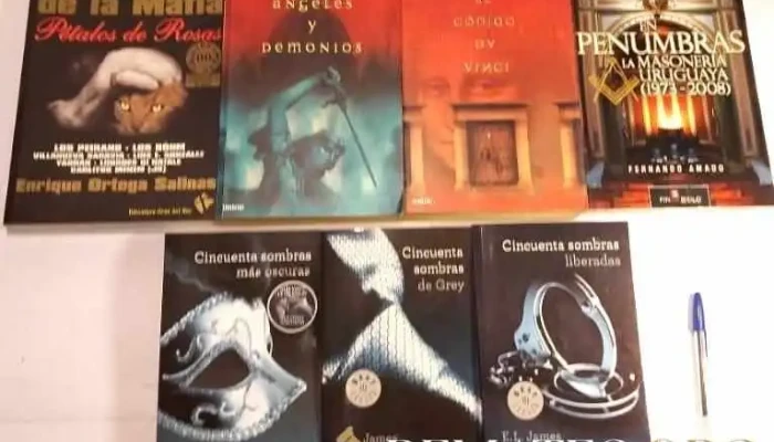 7 libros: 3 tomos de Sombras (de Grey), Ángeles y Demonios, Código Da Vinci, En Penumbras de Amado, etc