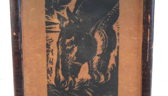 Cuadrito xilografia de Guillermo Rodriguez caballo pastando marco 18,5 cm x 15 cm