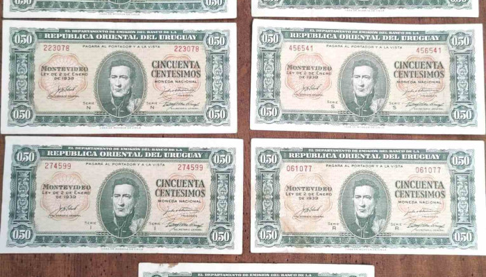lote de billetes de Uruguay sin circular de 0,50 $